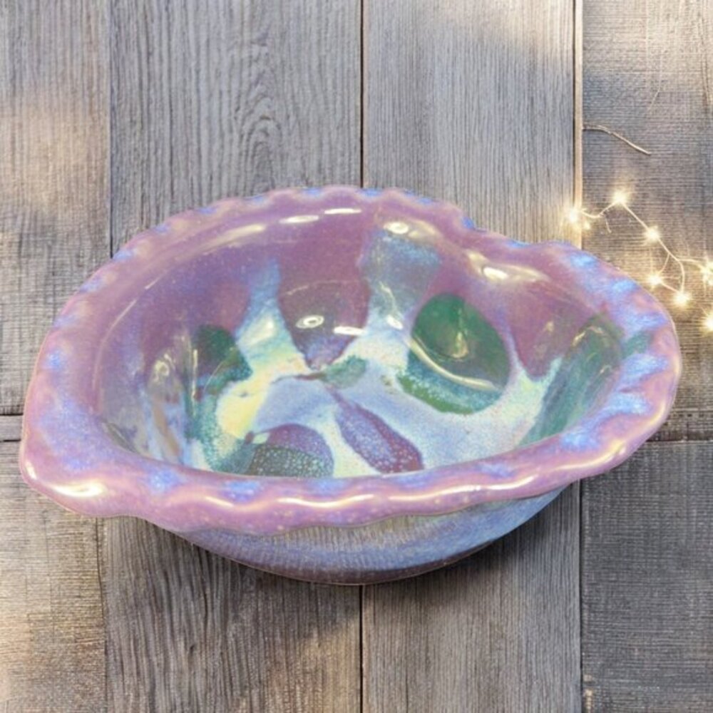 Hand Made Ohio Pottery Heart‎ Shaped Dish Bowl Multicolored Glaze Artist Signed